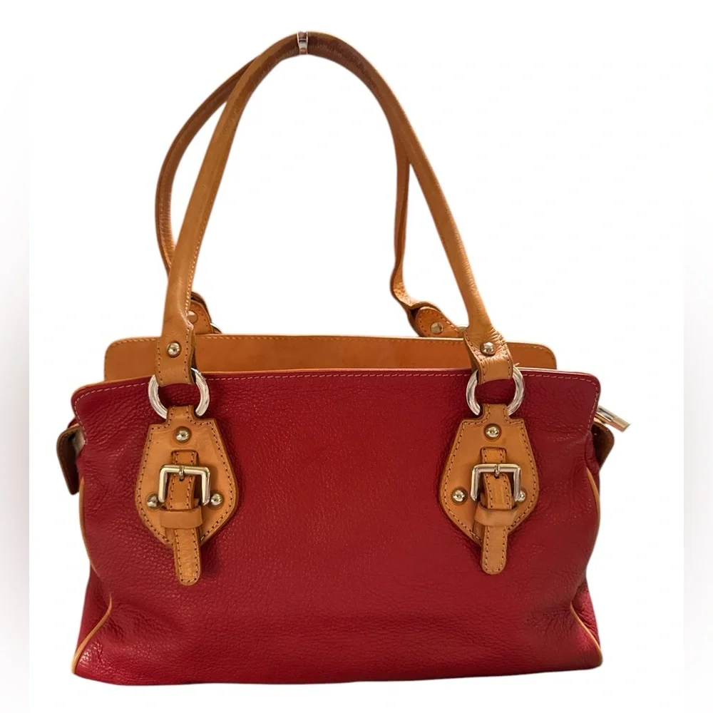 Red and Tan Leather Structured Shoulder Bag with Handles - Picture 4 of 13